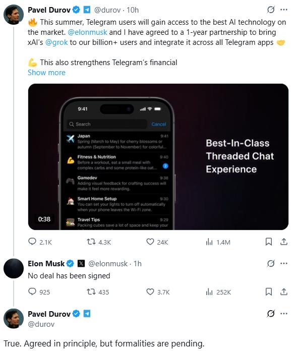 파벨 두로프 텔레그램 CEO가 엑스에 올린 글에 일론 머스크가 부인하는 댓글을 달았다.  (사진=파벨 두로프 X 게시물)