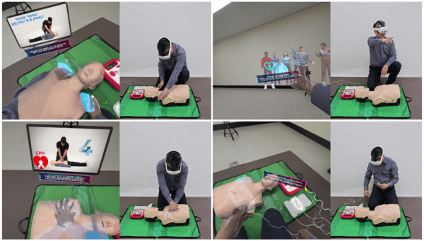 숨터치MR을  활용해 심폐소생술을 하고 있다.  사진=(주)택산