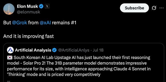 그록의 성능 1위를 자축하는 일론 머스크에 댓글을 단 업스테이지 김성훈 대표  이미지=일론 머스크 X
