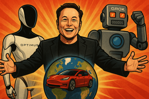이미지를 클릭하면 테슬라의 세계정복 시나리오 기사를 확인할 수 있다. 이미지=챗GPT 생성