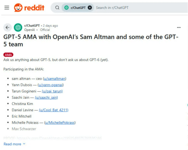 GPT-5 출시 이후 레딧에서  Ask Me Anything(AMA)를 진행했다.  이미지=레딧 캡처