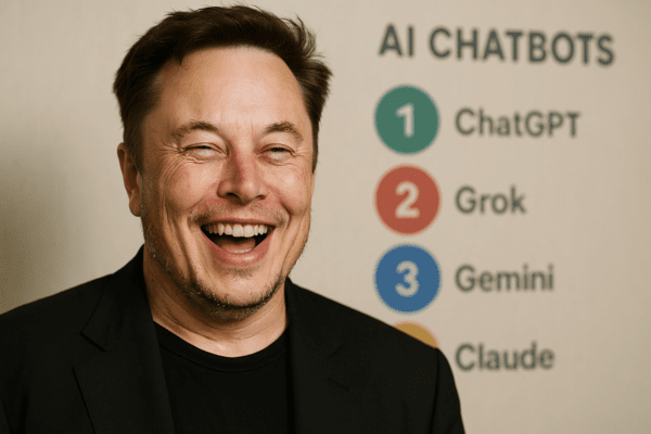 일론 머스크가 챗봇 순위에서 2위를 차지한 '그록'을 자랑스럽게 언급하고 있다.  이미지=챗GPT 생성