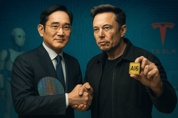 AI 반도체 동맹을 맺은 삼성전자와 테슬라  이미지=챗GPT 생성