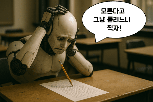 AI는 현재의 평가 방식 때문에, 잘 모르는 질문에도 틀리더라도 답하도록 학습되며, 이로 인해 환각(hallucination) 현상이 발생한다.  사진=챗GPT 생성 