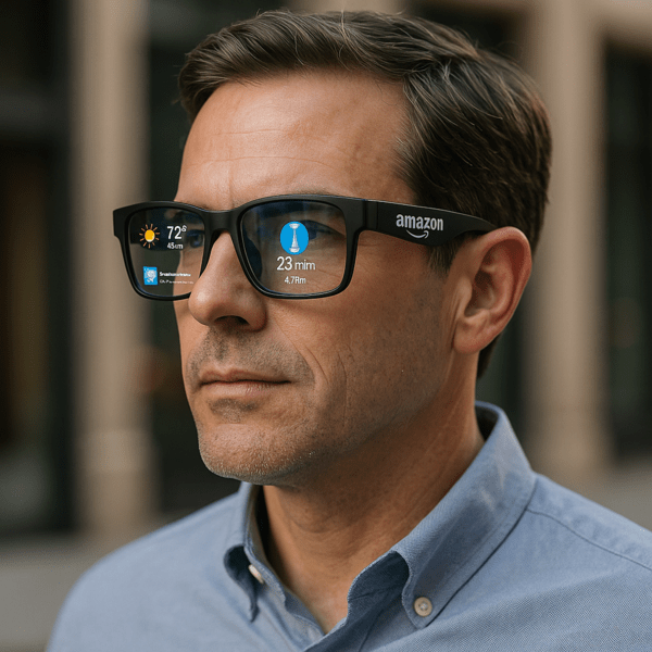 아마존이 개발 중인 XR 스마트 글래스의 예상 이미지. 시야에 정보가 투영되는 형태로, 날씨·길안내·알림 등의 AR 기능이 반영돼 있다.  이미지=챗GPT 생성