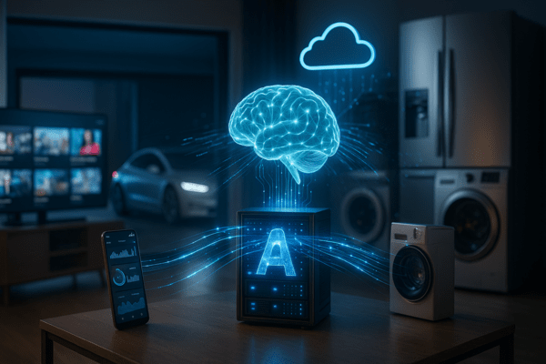 데이터를 수집하는 제품과 그 데이터로 학습된 AI 그리고 그 데이터를 바탕으로 개선된 제품이 연결되는 순환형 AI 구조. 이미지=챗GPT 생성