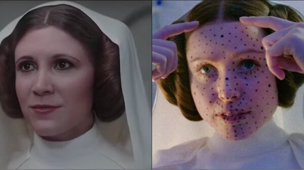 왼쪽: CG로 구현한 '레아 공주', 오른쪽: 대역 촬영 중인 '잉빌드 데일라'