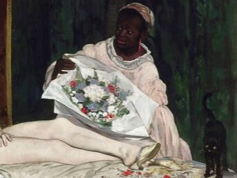 오른쪽 아래 검은 고양이와 꽃다발을 든 하녀 