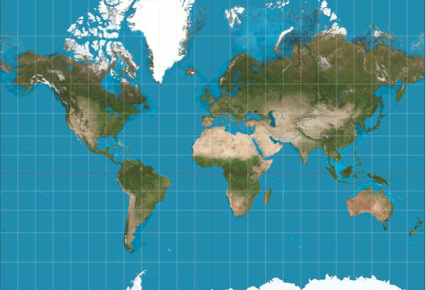 메르카토르 도법으로 그린 세계지도. 아프리카의 크기가 왜곡되어 있다. 사진=위키미디어커먼스