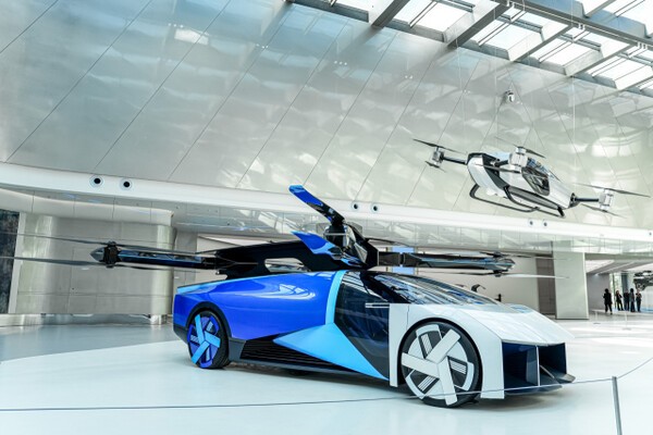 A flying car currently under development by XPeng is on display at the company’s headquarters showroom in Guangzhou. Photo courtesy of XPeng
