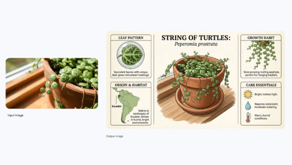 A single photo of a plant is enough for the system to look up information about it and generate an infographic that includes its origin and care instructions.