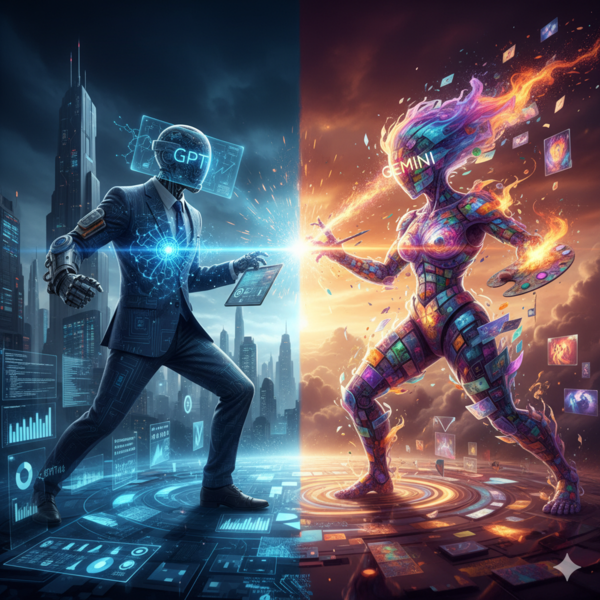 나노 바나나에 GPT-5.1과 제미나이 3의 사용자 특성을 넣고, 서로 다른 점을 강조한 이미지를 의인화해 형상화한 모습.  이미지=구글AI스튜디오 이미지 생성